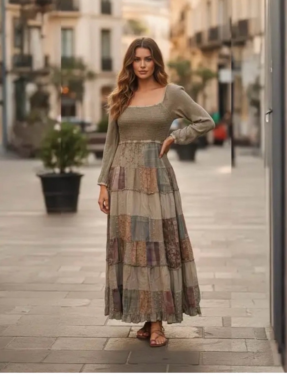 Smocked Patchwork Maxi Dress - Olive